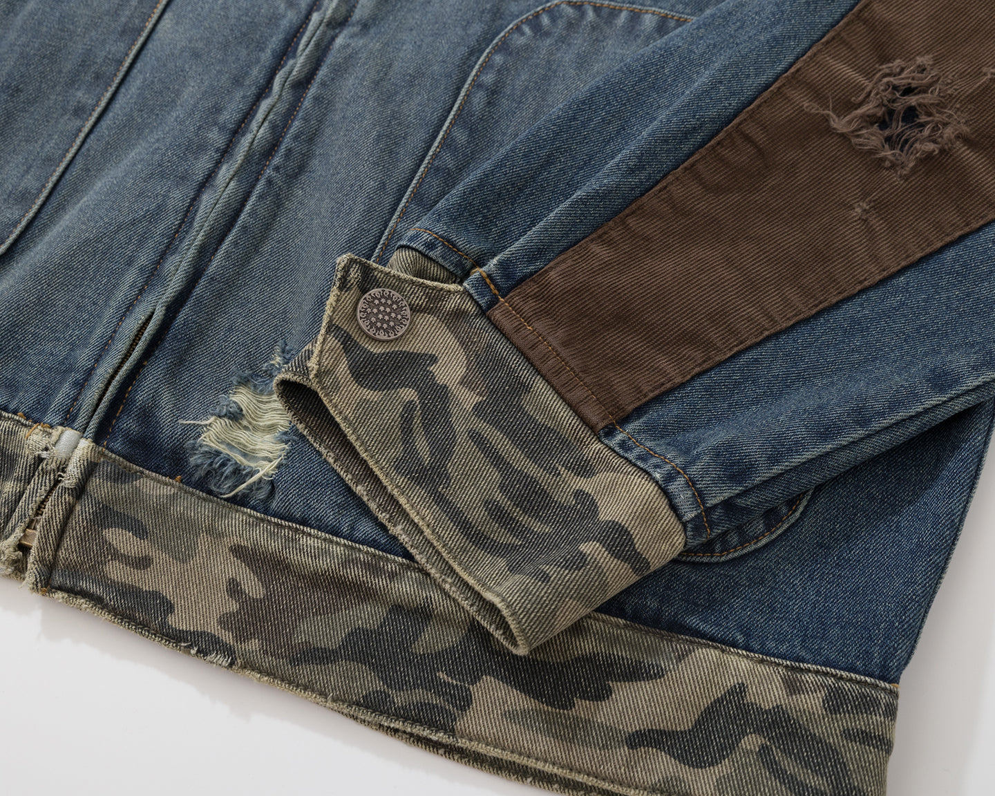 BURNIN* "Burnin for people" camouflage splicing damaged patch denim jacket - PSYLOS 1, BURNIN* "Burnin for people" camouflage splicing damaged patch denim jacket, T-Shirt, Burnin, PSYLOS 1